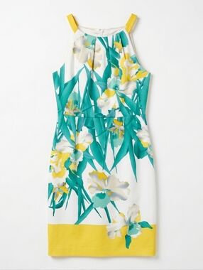 T Tahari Corrina Teal Yellow Watercolor Floral Sleeveless Dress Woman Size 8